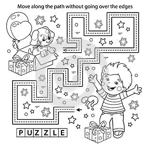 Handwriting practice sheet. Simple educational game or maze. Coloring Page Outline Of cartoon boy with dog and gifts. Birthday.
