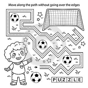 Handwriting practice sheet. Simple educational game or maze. Coloring Page Outline Of cartoon boy with soccer ball. Football.