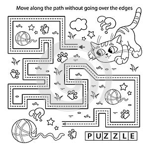 Handwriting practice sheet. Simple educational game or maze. Coloring Page Outline Of cartoon cat or kitten with ball of yarn.