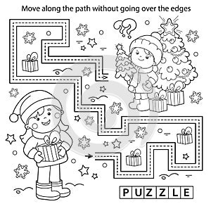 Handwriting practice sheet. Simple educational game or maze. Coloring Page Outline Of cartoon children with gifts at Christmas