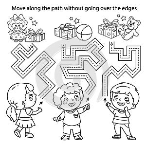 Handwriting practice sheet. Simple educational game or maze. Coloring Page Outline Of cartoon children with gifts and toys.
