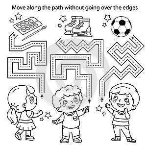 Handwriting practice sheet. Simple educational game or maze. Coloring Page Outline Of cartoon children with paints, soccer ball