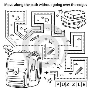 Handwriting practice sheet. Simple educational game or maze. Coloring Page Outline Of cartoon children satchel or knapsack with