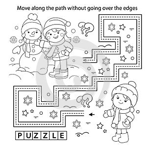 Handwriting practice sheet. Simple educational game or maze. Coloring Page Outline Of cartoon children with snowman. Winter.