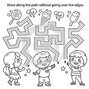 Handwriting practice sheet. Simple educational game or maze. Coloring Page Outline Of cartoon children with sweets. Coloring book