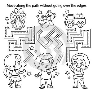 Handwriting practice sheet. Simple educational game or maze. Coloring Page Outline Of cartoon children with toys. Coloring book