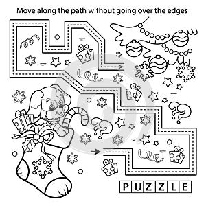 Handwriting practice sheet. Simple educational game or maze. Coloring Page Outline Of cartoon Christmas boot or sock with gifts