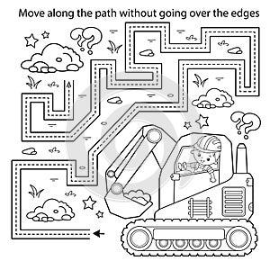 Handwriting practice sheet. Simple educational game or maze. Coloring Page Outline Of cartoon crawler excavator. Construction