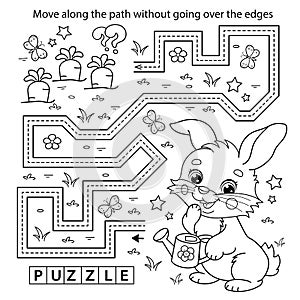 Handwriting practice sheet. Simple educational game or maze. Coloring Page Outline Of cartoon cute bunny or rabbit with a watering
