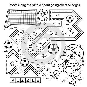 Handwriting practice sheet. Simple educational game or maze. Coloring Page Outline Of cartoon duck or duckling with soccer ball.