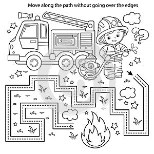 Handwriting practice sheet. Simple educational game or maze. Coloring Page Outline Of cartoon fireman or firefighter with fire