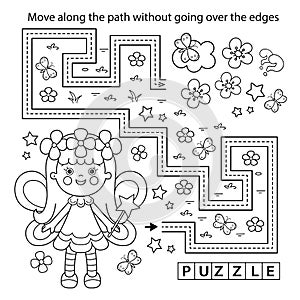 Handwriting practice sheet. Simple educational game or maze. Coloring Page Outline Of cartoon flower fairy with magic wand. Little