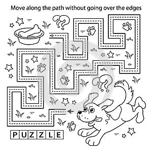 Handwriting practice sheet. Simple educational game or maze. Coloring Page Outline Of cartoon fun dog with bone. Puppy. Coloring