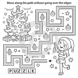 Handwriting practice sheet. Simple educational game or maze. Coloring Page Outline Of cartoon girl decorating the Christmas tree.