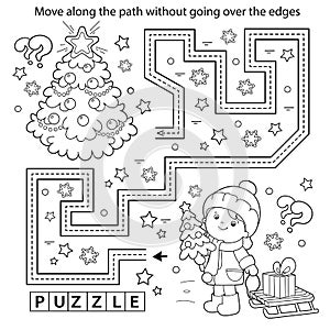 Handwriting practice sheet. Simple educational game or maze. Coloring Page Outline Of cartoon girl with gifts at Christmas tree.
