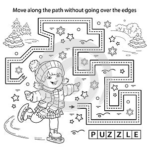 Handwriting practice sheet. Simple educational game or maze. Coloring Page Outline Of cartoon girl skating. Winter sports.