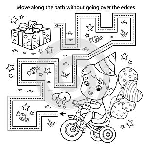 Handwriting practice sheet. Simple educational game or maze. Coloring Page Outline Of cartoon little boy on a bike with gifts and