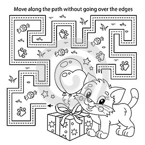 Handwriting practice sheet. Simple educational game or maze. Coloring Page Outline Of cartoon little cat with gift and balloons.