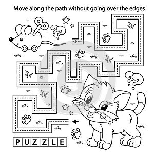 Handwriting practice sheet. Simple educational game or maze. Coloring Page Outline Of cartoon little cat with toy clockwork mouse