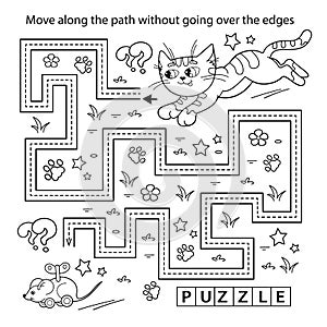 Handwriting practice sheet. Simple educational game or maze. Coloring Page Outline Of cartoon little cat with toy clockwork mouse