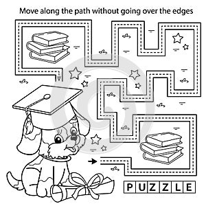 Handwriting practice sheet. Simple educational game or maze. Coloring Page Outline Of cartoon little dog or puppy with books.
