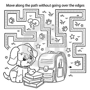 Handwriting practice sheet. Simple educational game or maze. Coloring Page Outline Of cartoon little dog or puppy with school
