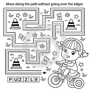 Handwriting practice sheet. Simple educational game or maze. Coloring Page Outline Of cartoon little girl on bicycle or bike.