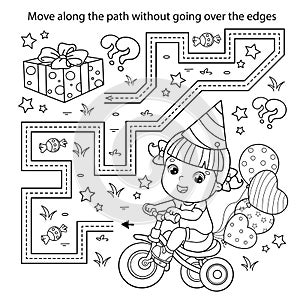 Handwriting practice sheet. Simple educational game or maze. Coloring Page Outline Of cartoon little girl  on a bike with gifts