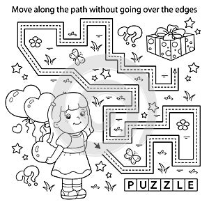 Handwriting practice sheet. Simple educational game or maze. Coloring Page Outline Of cartoon little girl with gifts and balloons