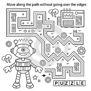 Handwriting practice sheet. Simple educational game or maze. Coloring Page Outline Of cartoon little robot. Coloring book for kids