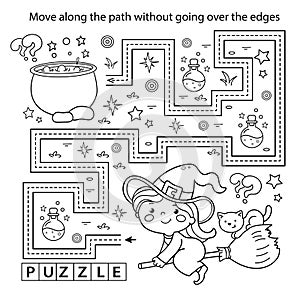 Handwriting practice sheet. Simple educational game or maze. Coloring Page Outline Of cartoon little witch on broom with pot and