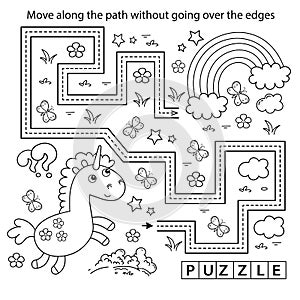 Handwriting practice sheet. Simple educational game or maze. Coloring Page Outline Of cartoon lovely magic unicorn. Fairy tale