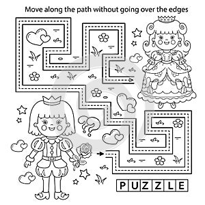 Handwriting practice sheet. Simple educational game or maze. Coloring Page Outline Of cartoon lovely prince with beautiful