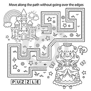 Handwriting practice sheet. Simple educational game or maze. Coloring Page Outline Of cartoon lovely princess. Beautiful young