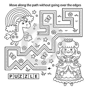 Handwriting practice sheet. Simple educational game or maze. Coloring Page Outline Of cartoon lovely princess with magic unicorn.