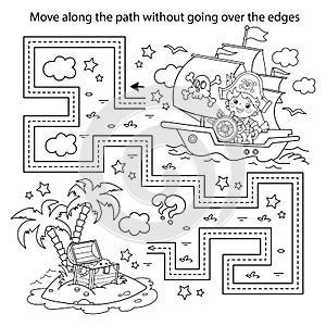 Handwriting practice sheet. Simple educational game or maze. Coloring Page Outline Of cartoon pirate on pirate ship or sailboat wi