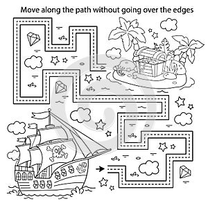 Handwriting practice sheet. Simple educational game or maze. Coloring Page Outline Of cartoon pirate ship with treasure island.