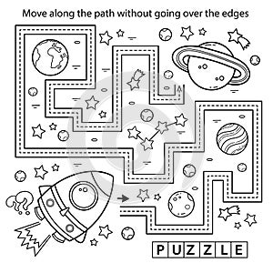 Handwriting practice sheet. Simple educational game or maze. Coloring Page Outline Of cartoon rocket in space.  Coloring book for