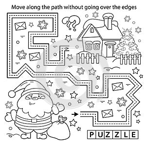 Handwriting practice sheet. Simple educational game or maze. Coloring Page Outline Of cartoon Santa Claus with gifts bag and