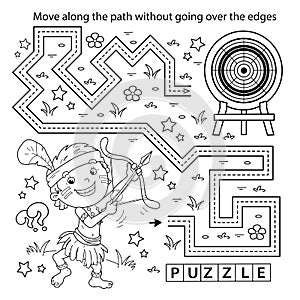 Handwriting practice sheet. Simple educational game or maze. Coloring Page Outline Of cartoon scheerful boy indian with bow for