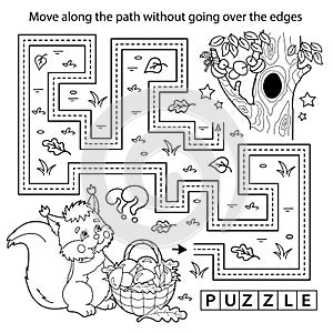 Handwriting practice sheet. Simple educational game or maze. Coloring Page Outline Of cartoon squirrel with basket of mushrooms.