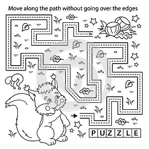Handwriting practice sheet. Simple educational game or maze. Coloring Page Outline Of cartoon squirrel with nuts. Coloring book