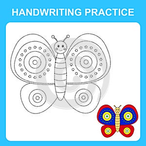 Handwriting practice. Trace the lines and color the butterfly. Educational kids game, coloring book sheet, printable worksheet.