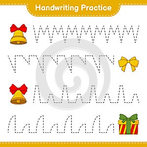 Handwriting practice. Tracing lines of Christmas Bell, Ribbon, and Gift Box. Educational children game, printable worksheet,