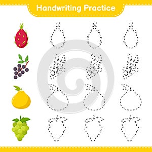 Handwriting practice. Tracing lines of Fruits. Educational children game, printable worksheet, vector illustration