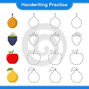 Handwriting practice. Tracing lines of Fruits. Educational children game, printable worksheet, vector illustration