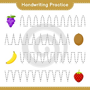 Handwriting practice. Tracing lines of Fruits. Educational children game, printable worksheet, vector illustration