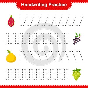 Handwriting practice. Tracing lines of Fruits. Educational children game, printable worksheet, vector illustration