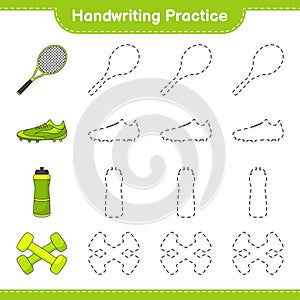 Handwriting practice. Tracing lines of Water Bottle, Tennis Racket, Soccer Shoes and Dumbbell. Educational children game,