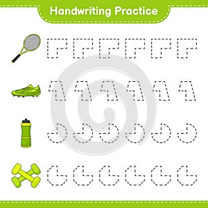 Handwriting practice. Tracing lines of Water Bottle, Tennis Racket, Soccer Shoes and Dumbbell. Educational children game,